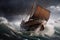 viking ship sailing through stormy waters, with waves crashing against the hull
