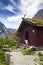 Viking village in Norway with wooden houses, tents with mountains surrounding. Norwegian fjord landscape