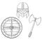 Viking warrior set - shield, two bladed axe and helmet. Hand drawn sketch