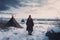 Viking woman field snow settlement. Generate Ai