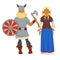 Vikings man and woman in traditional clothing and armor with weapon