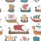 Vikings seamless pattern with drakkar ships, childish scandinavian flat vector background, kids apparel, fabric, textile, nursery