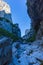 Vikos gorge in greece in autumn in shadow, rocks