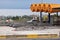 VILASSAR, SPAIN - September 27th, 2021: Demolition waste during the removal of the Toll road gates in C-32 motorway. Spanish toll