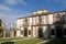 Villa Duodo and two statues on either side of the iron gate in Monselice through the hills in the Veneto (Italy)