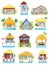 Villa vector tropical resort hotel on ocean beach or facade of house building in paradise illustration set of bungalow