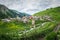 Village of Adishi in Svaneti, Georgia. View of mountain village in Caucasus mountains with ancient Svan towers and mount streams