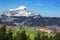 Village in Aramaio valley, with snowy mountains. Basque Country