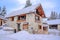 Village of Auron in the Evening, French Alps, France. Beautiful luxury chalet in French Alps in the winter.