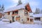 Village of Auron in the Evening, French Alps, France. Beautiful luxury chalet in French Alps in the winter.