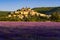 The village of Banon in Provence with lavender fields at sunrise in summer. Alpes-de-Hautes-Provence. Alps, France