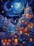 A Village Beneath the Starry Night. Stylized illustration version of Van Gogh\\\'s painting Starry Night
