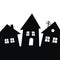 Village, black silhouette of three houses, vector creative illustration