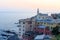 Village Boccadasse and Mediterranean Sea panorama at sunset, Genoa