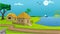 Village cartoon background illustration with cow, cottage, lake, trees, and narrow road.