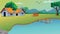 Village cartoon background illustration with old style cottage, lake, well, trees, narrow road, mountains and green grass.