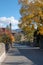 Village center of the idyllic alpine town of Maienfeld in the Swiss Alps on a beautiful autumn day