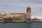 Village of Collioure with the church beside the sea, in the south of France