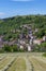 The village of Courzieu in the landscape of the Lyonnais mountains in spring in France