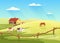 Village dairy farm with cows, rural ranch countryside summer landscape and farmhouse