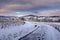 Village of Denice and landscape of Beaujolais under the snow