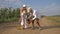 Village family on field, mother with father bring puppy in straw basket as gift to little son