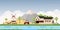 Village flat vector set design, concept of urban farm and agriculture with river, mountain, and rural area with houses. Urban