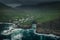 Village Gjogv on Eysturoy with gorge, sea and mountains, from above, Faroe Islands