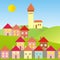 Village, group of houses with church in background, vector illustration, eps.