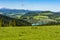 Village houses built on the lake. Rural idyllic scenery of the Pieniny landscape