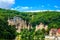 Village La Roque Gageac, France. Panoramic view on Dordogne river, village, Chateau de la Mallantrie.