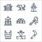 In the village line icons. linear set. quality vector line set such as sickle, scarecrow, bucket, honey, firewood, silo, windmill