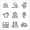 In the village line icons. linear set. quality vector line set such as wood, flowers, fence, corn, farmer, watering can, sugar