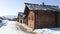 Village Museum Taltsy in winter weather. Old wooden buildings