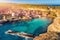 Village Popeye bay panorama Malta sunset. Aerial top view