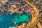 Village Popeye bay panorama Malta sunset, Il-Mellieha. Aerial top view