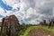 Village street, beautiful summer landscape, blue sky with clouds