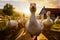 Village stroll, geese gracefully roaming through the scenic landscape, farming, eco farming