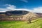 Village under the mountains in Transylvania with lonely spring tree.