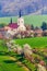 A village in Veterov town with a church in the South Moravian Region. Beautiful spring landscape with blossoming trees in Czech