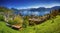 Village Weggis, lake Lucerne, Pilatus mountain and Swiss Alps in the background near Lucerne city