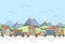 Village Winter Landscape Houses City Mountain