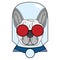 Villain symbol with glass globe, red glasses and cape in red , gray and blue as French bulldog character