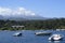 Villarrica, one of the most active volcanoes in Chile, seen from Pucon.with boat marina with luxurious architecture