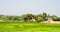 A villave at a distance with agricultural field in the foreground and blue sky background. Panoramic landscape Scenery. West