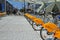 Villo bicycles parked in the bicycle sharing station on street. Public transportation in Brussels