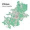 Vilnius city map, detailed administrative borders metropolitan map, Lithuania. River Neris, roads and railway, buildings and parks