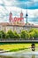 Vilnius City View with Neris river, Green Bridge, church and TV Tower