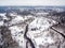 Vilnius, Lithuania: aerial top view of Vilnele river and Belmontas park in winter