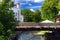 VILNIUS, LITHUANIA - AUGUST 11, 2016: Vilnele river flowing past Uzupis district, a neighborhood in Vilnius, located in Vilnius` o